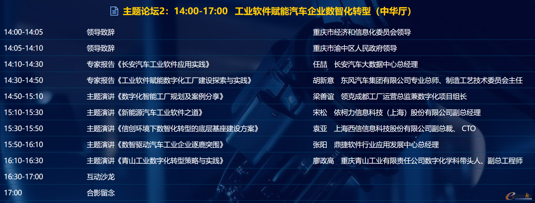 “工业软件赋能汽车企业数智化转型”高峰论坛日程